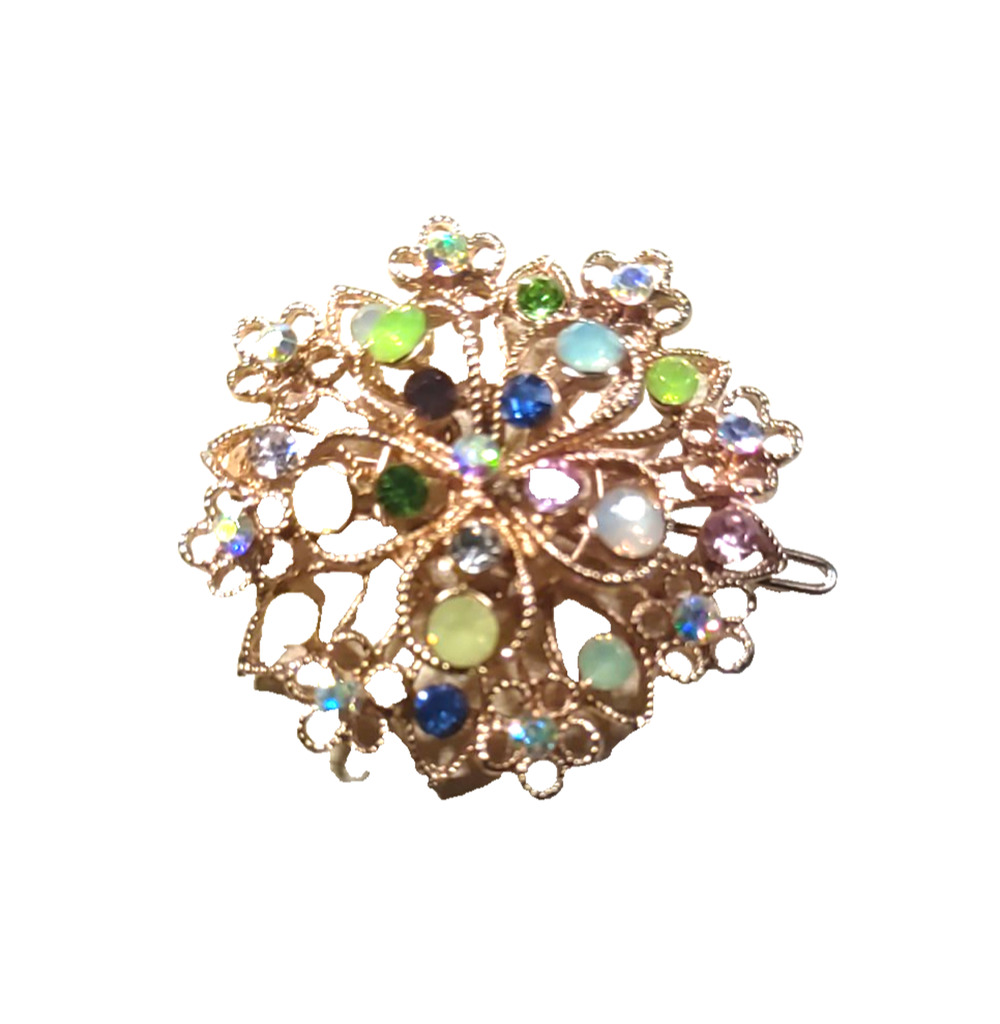 Hair Barrette Floral design Rhinestone Elegant Feminine Green Yellow Gold...
